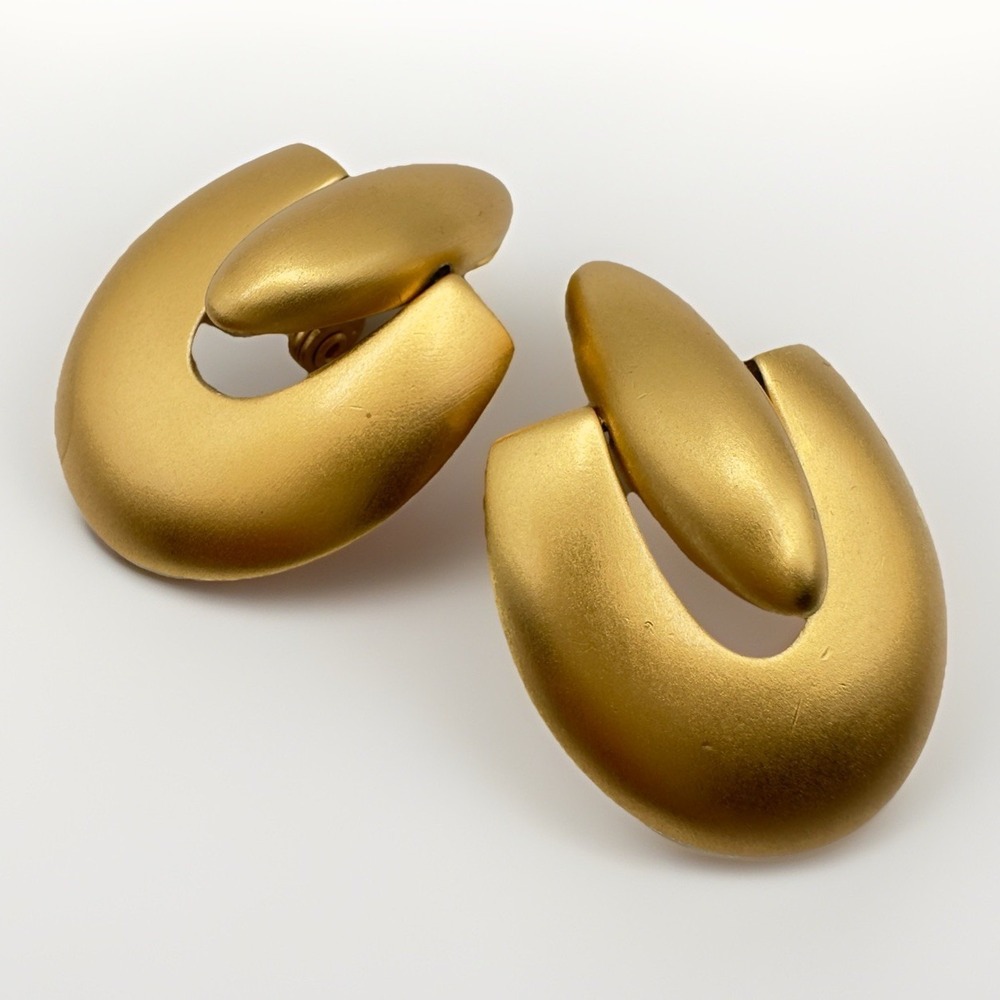 Monet Earrings Matte Gold Tone Door Knocker Vintage Clip On 1.5" Statement Bold